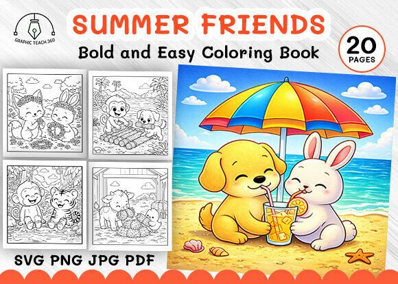 Bold Easy Summer Friends Coloring Pages & Graphics